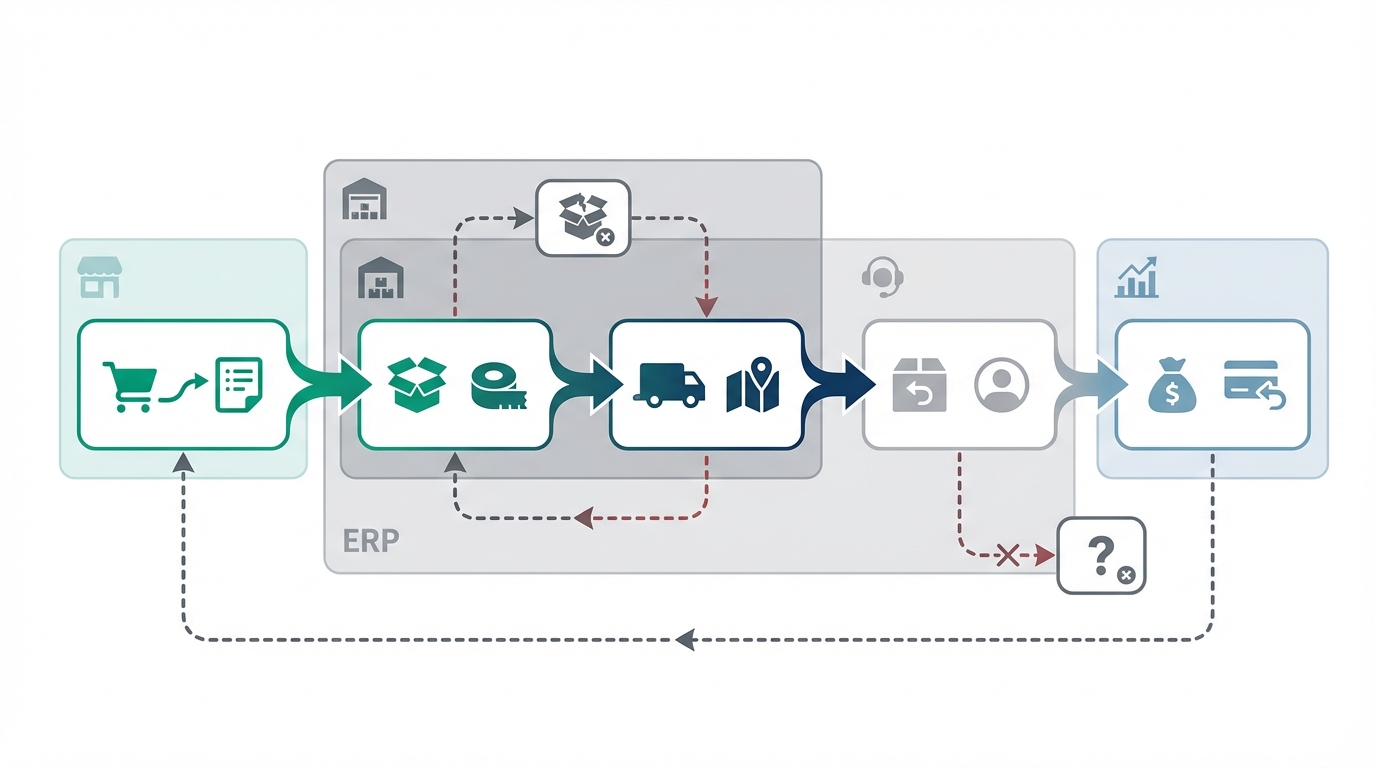 Event-Flow „Order → Fulfillment → Tracking → Retouren → Refund“ mit Systemgrenzen (Shopify, WMS, ERP, Helpdesk) und Fehlerpfaden