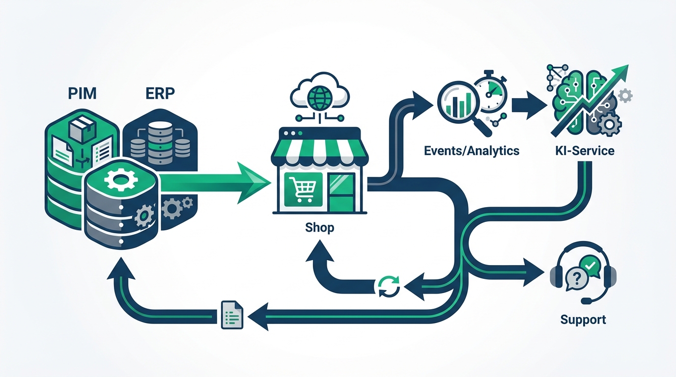Datenfluss im Online-Shop – PIM/ERP → Shop → Events/Analytics → KI-Service → Rückschreiben ins PIM/Shop/Support